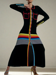 Buttoned Contrast Color Striped Long Sleeves Skinny Lapel Shirt Dress Maxi Dresses