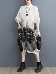 Pockets Printed Half Sleeves Loose Lapel Midi Dresses