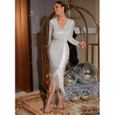 Long Sleeve Tassel Sequin Midi Dress Flaxmaker