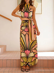 Flower Printed Halterneck Sleevless Elegant Maxi Dresses