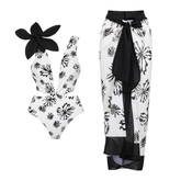 Flaxmaker Shoulder Flower Decor Printed One Piece Swimsuit and Sarong