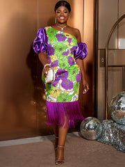 Plus Size Tassel Blossom Printed Puff sleeve Dress