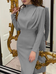 Pleated Solid Color High Waisted Long Sleeves Mock Neck Midi Dresses