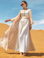 Vacation Loose Long Sleeves Embroidered Solid Color Round-Neck Dress