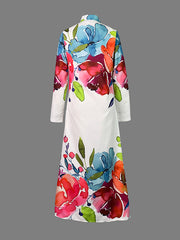 Long Sleeves Loose Buttoned Flower Print Lapel Maxi Dresses Shirt Dress