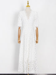 Hollow Solid Color Half Sleeves Deep V-Neck Maxi Dresses