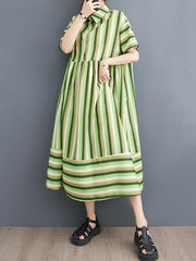 Split-Joint Striped Loose Short Sleeves Lapel Midi Dresses