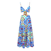 Retro Printed Blue Cut Out Maxi Dress Flaxmaker