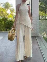 Solid Color Striped Sleevesless High-Neck & Pants Two-Piece Sets