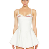 White Embroidery Red Flower Lapel V neck Mini Dress