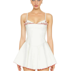 White Embroidery Red Flower Lapel V neck Mini Dress