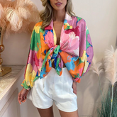 Bandage Bowknot Design Blossom Printed Shirt