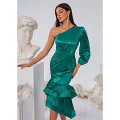 Oblique Shoulder Ruffle Dress