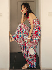 Vacation A-Line Sleeveless Floral Printed Lace-Up U-Neck Maxi Dress