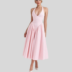 Pink Plaid Bow Halter Midi Dress
