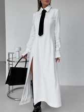 Buttoned Solid Color Split-Joint Split-side A-line Flared Sleeves Lapel Shirt Dress Maxi Dresses