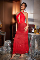 Halter Cutout Spliced Sequin Slit Dress