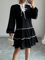 Elasticity Pleated Tied A-Line Long Sleeves V-Neck Mini Dresses