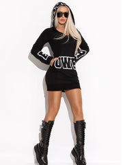 Letter Print Long Sleeves Hooded Bodycon Mini Dresses