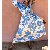 Shirring V Neck Blossom Printed Lace Up Dress