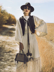 Vacation Loose Puff Sleeves Tasseled Solid Color Round-Neck Maxi Dress