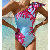 One Shoulder Bowknot Printed One Piece Swimsuit Flaxmaker