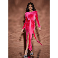 V Neck Velour Draped Slit Dress