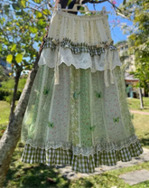 Green Floral Ruffle Long Skirt - Office Lady A-Line