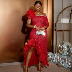 Plus Size Lace Ruffle 3D Flower Dress