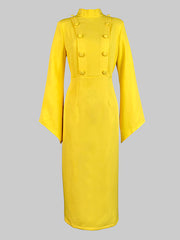 Buttoned Solid Color Flared Sleeves High Waisted Mock Neck Midi Dresses