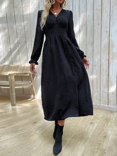 Buttoned Elasticity Solid Color Split-Side A-Line Long Sleeves V-Neck Midi Dresses