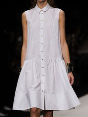 A-line Loose Buttoned Pleated Solid Color Lapel Mini Dresses