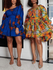 Elasticity Printed Tied Waist High Waisted Loose One-Shoulder Mini Dresses