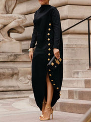 Asymmetric Buttoned Split-Joint Split-Side Long Sleeves Loose Mock Neck Maxi Dresses