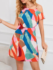 Contrast Color Hollow Split-Joint Loose One-Shoulder Mini Dresses