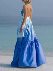 Gradient Color Pleated Sleevless Spaghetti-Neck Elegant Maxi Dresses