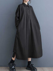 Buttoned Hollow Pleated Pockets Solid Color A-line Long Sleeves Lapel Shirt Dress Midi Dresses