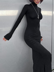 Solid Color Split-Joint Bodycon Long Sleeves High Neck Maxi Dresses