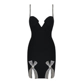 Bowknot Slit Deep V Black Mini Dress Flaxmaker