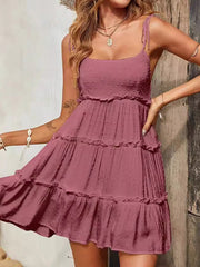 Jacquard Layered Pleated Solid Color Split-Joint A-Line Loose Spaghetti-Neck Mini Dresses