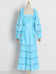 Bohemia Long Sleeves Loose Solid Color U-Neck Maxi Dress