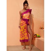 One Shoulder Ruffle Printed One Piece Swimsuit and Sarong Flaxmaker