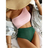 One Shoulder Cutout Color Block One Piece Swimsuit