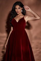 Velour Sling V Neck Midi Puffy Dress