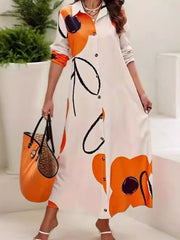 Floral Printed Split-Joint Long Sleeves Loose Lapel Shirt Dress Maxi Dresses