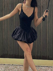 Lace Patchwork Suspender Mini Dress In Black