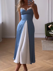 Color-Block Splicing Paghetti-Neck Elegant Pleated Maxi Dresses