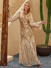 Vintage Flared Sleeves Sequined Round-Neck Midi Dress