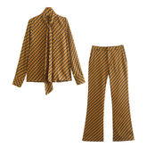 Flaxmaker Retro Geometric Print Tie Neck Shirt Two Piece Pants Set