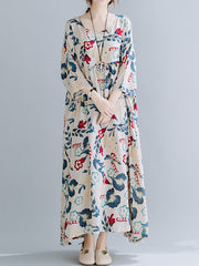 Casual Floral Printed Split-Joint Round-Neck Flared Batwing Sleeves Loose Maxi Dress